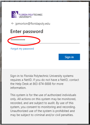 Page for entering Password.