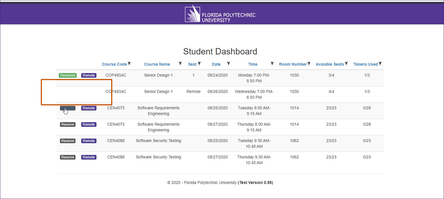 Screenshot showing the student dashboard after seat selection.