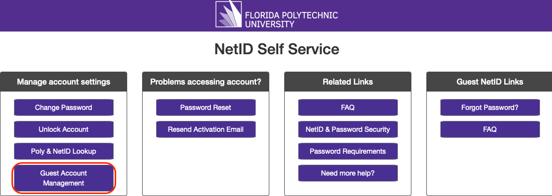 Screenshot of the NetID Self Service page, with Guest Account Management selected.