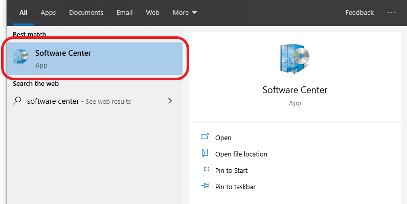 A screenshot showing how to access the Software Center