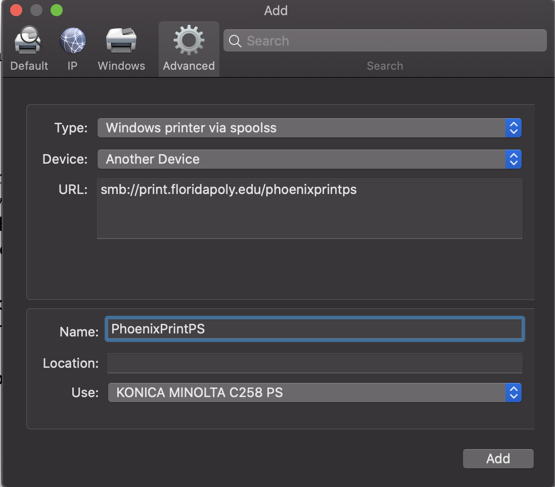 Screenshot of the printer settings