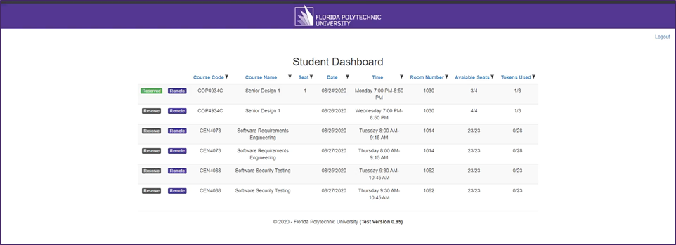 Screenshot of the student seat reservation dashboard.