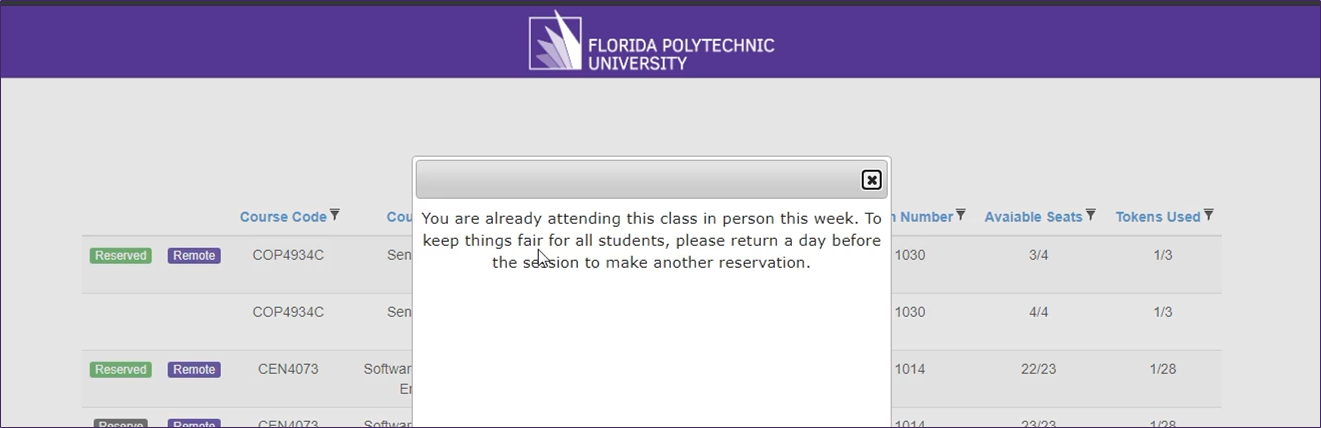 Screenshot of the seat reservation confirmation message.